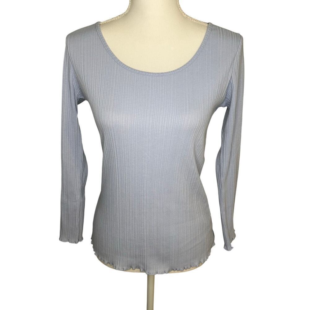 Vince women's NWT blue scoop neck lettuce trim long sleeve ribbed t-shirt size L
